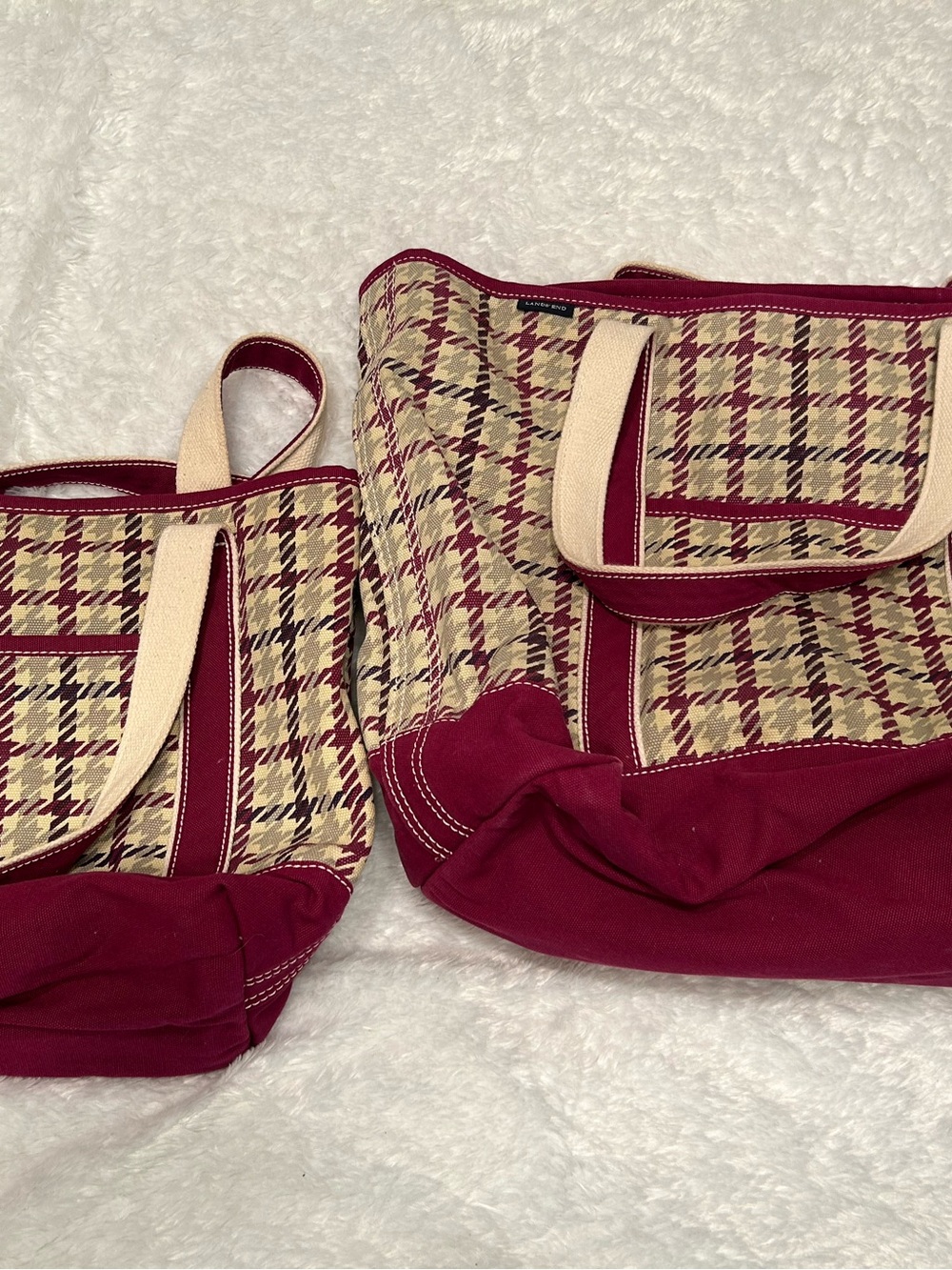 Lands’ End Canvas Tote Bag in Burgundy Plaid with Contrast Straps